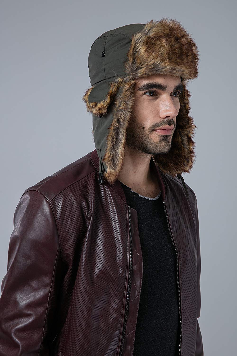 What I wear: leather jacket and trapper hat